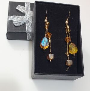 Vtg. French 14k GP Amber Glass Cluster Earrings